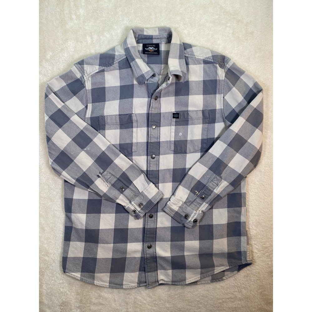 Harley-Davidson Mens Buffalo Plaid Flannel Shirt Grey White Back Graphic L